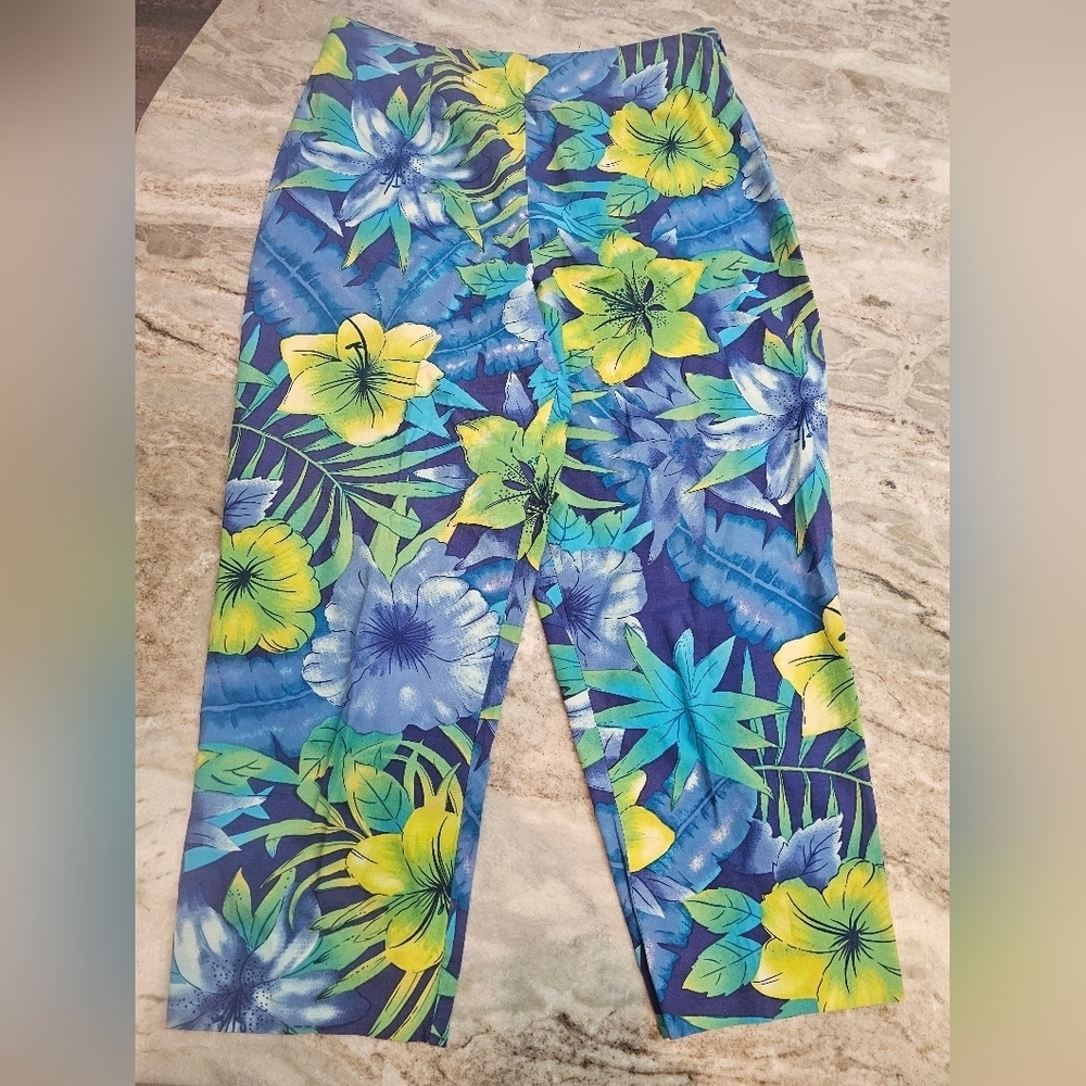 R&K Originals Tropical Floral Pants Size 8 Blue Green Yellow Cotton Stretch